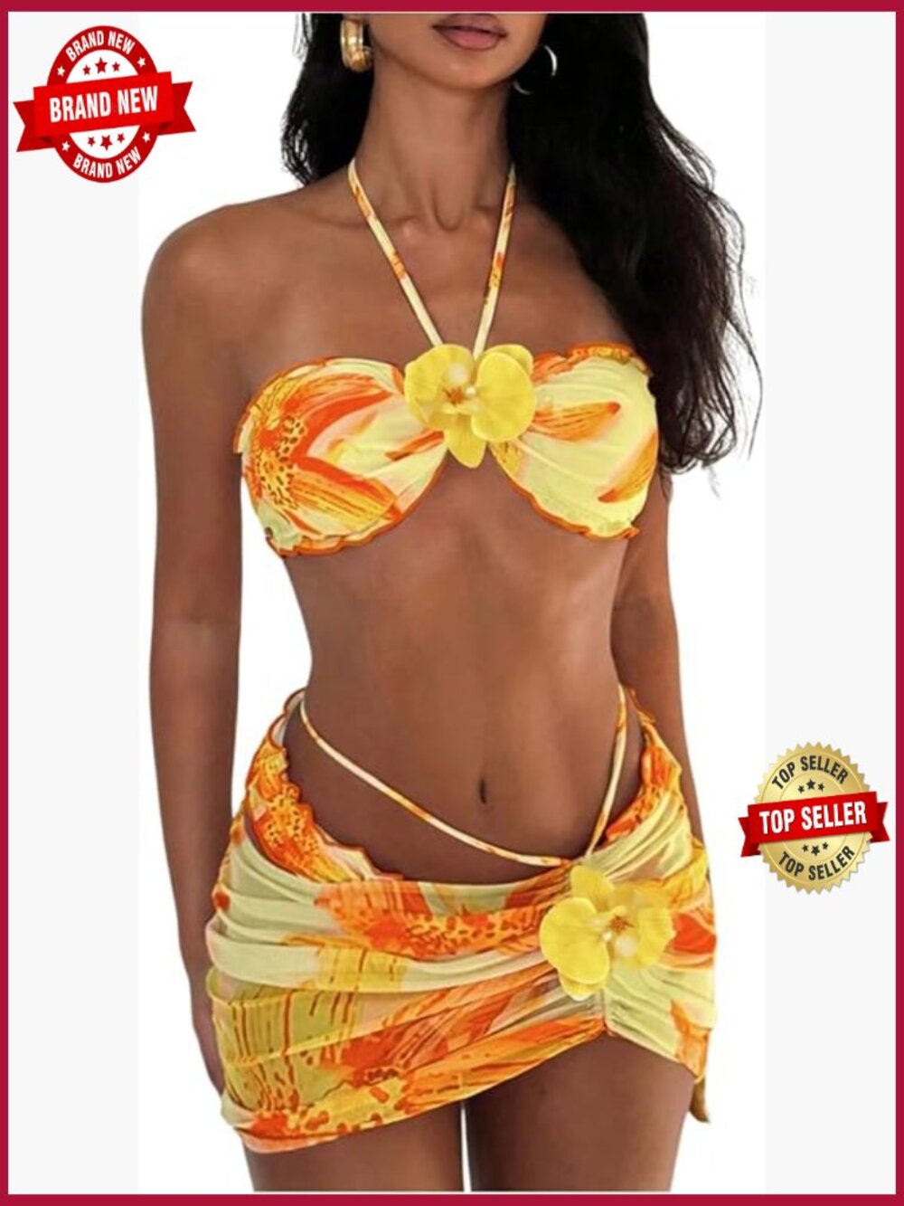 Floral Halter Bikini Set with Cover Up Skirt Swimwear Vacation